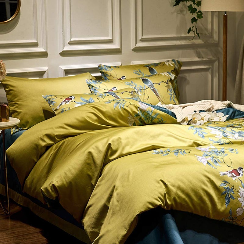 mixinni Floral Duvet Cover Set Full Soft Cotton White Flowers Birds Bedding with Zipper Closure 2 Pillowcases Leaf Printed Yellow Comforter Cover Set-Easy Care  Soft and Durable-Full Size - Image 2